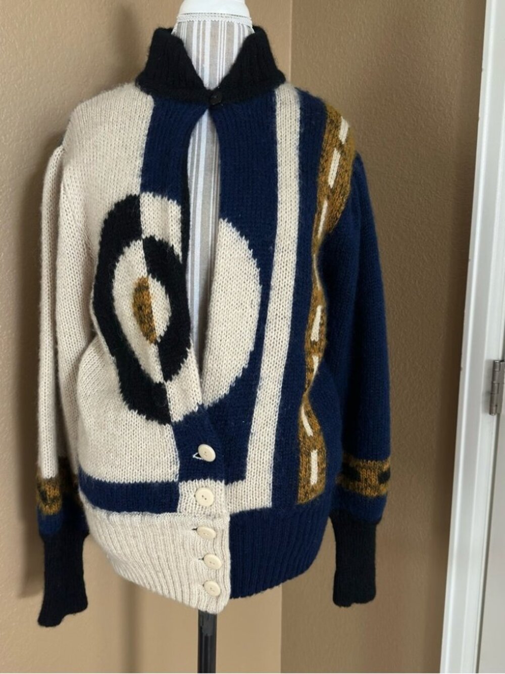 Vintage Geometric Cardigan Fashions SKVJ Japan 80s Wool Blend Ladies Size M